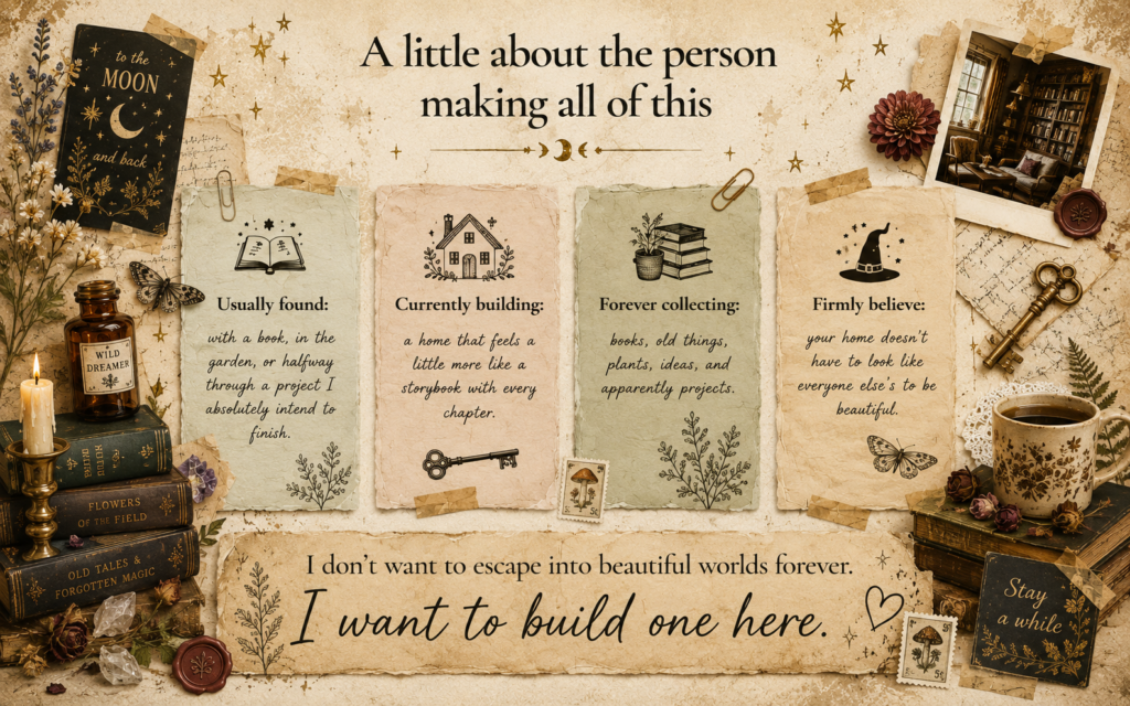 Illustrated scrapbook-style introduction to Faelorehn featuring books, gardening, home projects, collecting, and creating a storybook-inspired life.