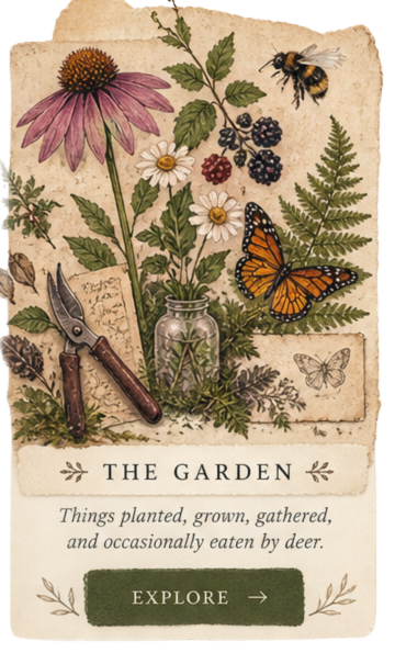 The Garden illustrated field guide card for Faelorehn's whimsical home and garden.