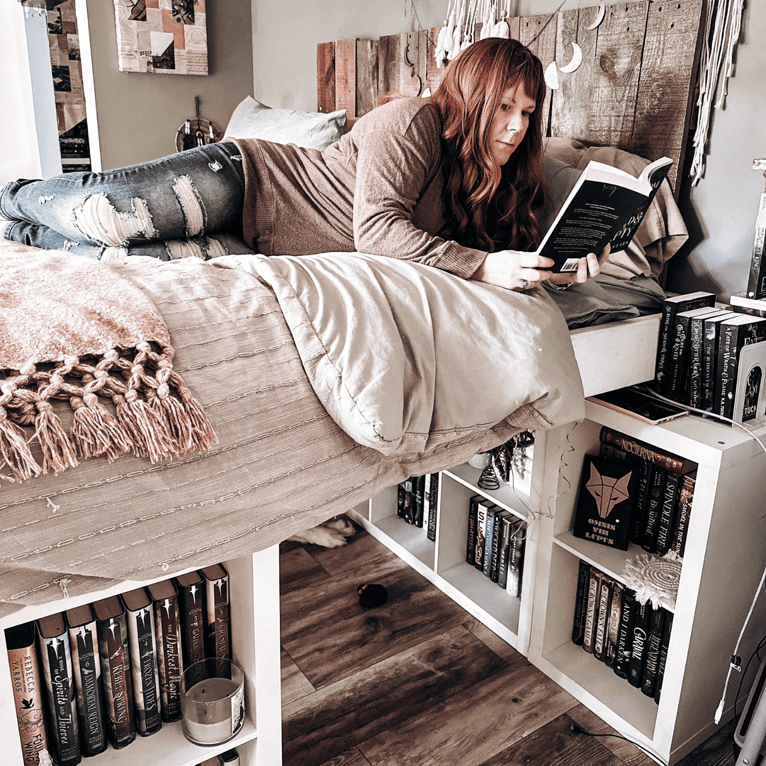 Bookish home decor featuring a cozy bookshelf bed and reading space